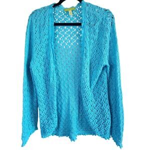 Sigrid Olsen Cardigan Sweater Womens Large Open Weave Aqua Blue Crochet